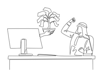 Single one line drawing hands out of the monitor screen while holding money tree with leaves made of banknotes. Symbolism of investment. Things from Screen. Continuous line design graphic illustration