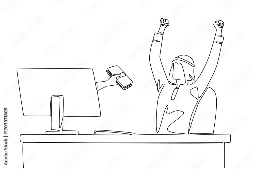 Poster continuous one line drawing hands coming out of monitor screen holding a stack of banknotes. receive