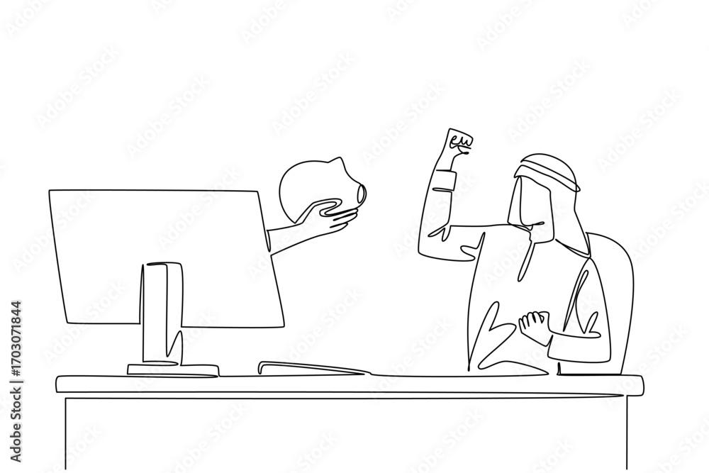 Poster single continuous line drawing hands out of the monitor screen while holding piggy bank. prepare a b