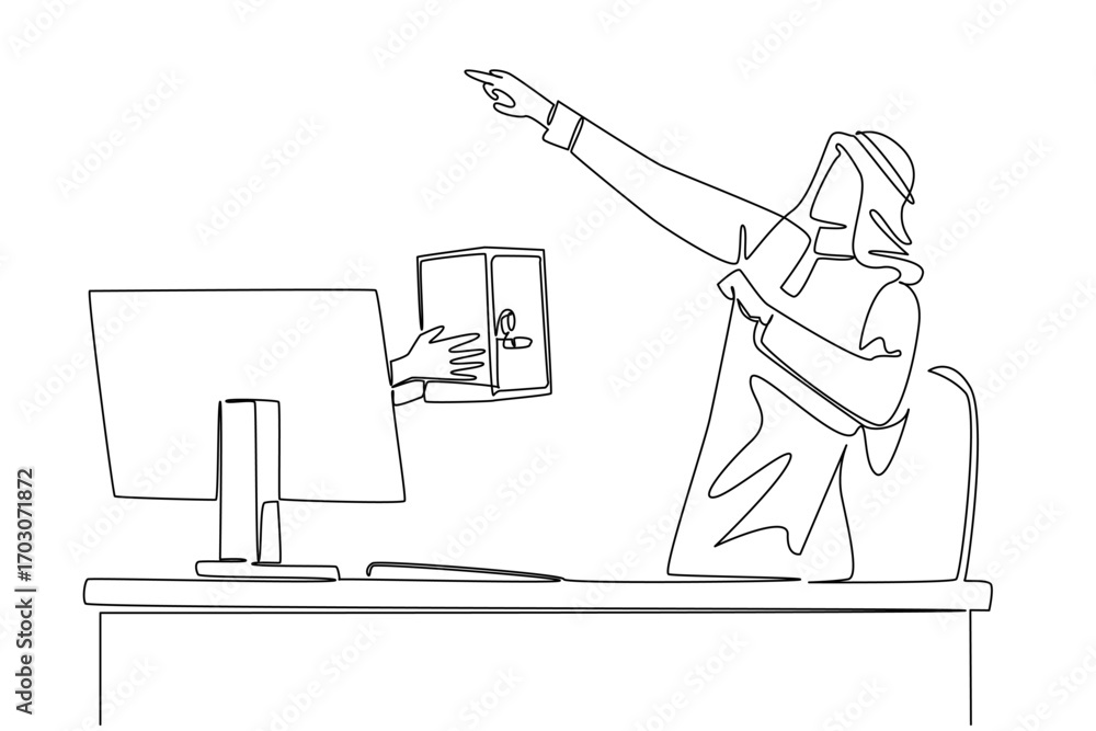 Poster single continuous line drawing hands out of the monitor screen while holding a safe deposit box. hap