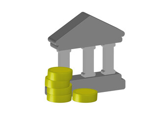 Simple 3D illustration of a bank icon with stacked coins. Transparent background, PNG format.