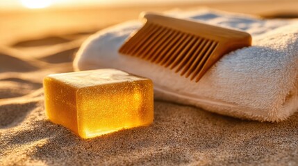 Bathing accessories on beach during golden hour, perfect for self-care concepts, travel blogs, and serene coastal visuals