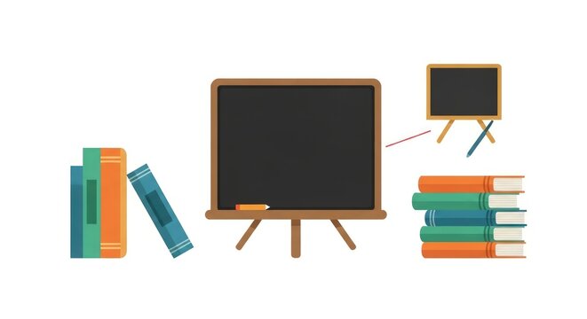 Back to school essentials featuring chalkboard and stacked books for learning resources
