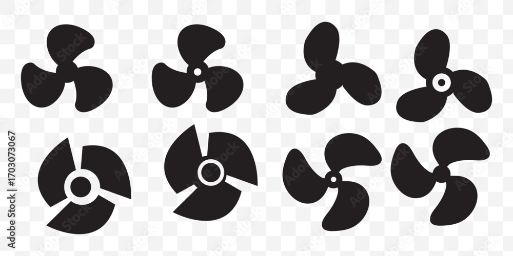 Poster fan propeller icon, vector set. silhouette of computer cooling device. electrical temperature equipm