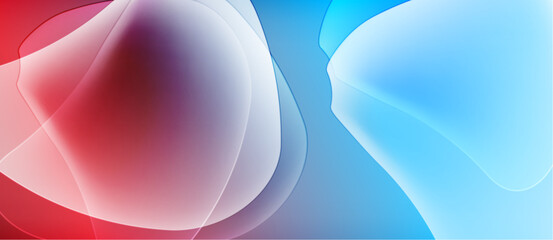 Abstract fluid shapes blend red, white, blue hues. Smooth gradients create soft visual impact. Minimalist design evokes calm feeling.