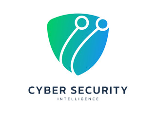 Cyber security intelligence data protection with overlapping curved network lines in shield shape technology vector logo design concept. Abstract shield security icon logotype for ID ui, identify, web