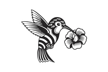 Intricate of Flying Hummingbird, Floral Elements, and Stars on White Background