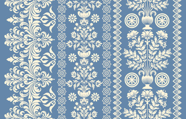 floral pattern vintage ethnic modern embroidery texture boho design vector illustration hand drawn pink flower motif branches leaves wallpaper seamless background border.