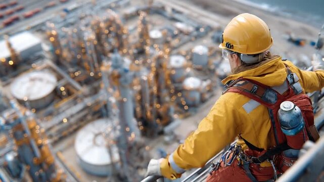 Industrial Overseer: A worker wearing safety gear oversees a sprawling industrial landscape, capturing the essence of hard work and the demands of industry.