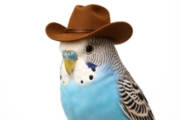 Close-up of a blue budgie dressed in a brown cowboy hat, photographed against a clean white background in a humorous pose.