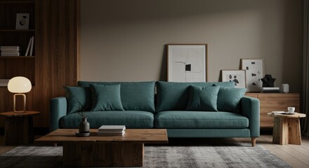 Serene modern living room sanctuary featuring a plush teal sofa, warm wood accents, and minimalist art, creating a cozy and sophisticated ambiance for relaxation and entertaining.