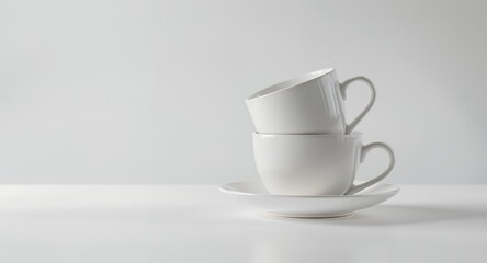 Two Stacked White Coffee Cups on Saucer, Minimalist Kitchenware, Clean Design, Simple Breakfast Scene