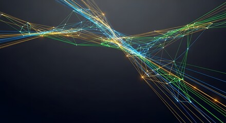 Abstract network of interconnected lines and nodes in blue, green and yellow against a dark background, creating a sense of connectivity and flow.