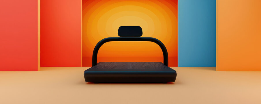 digital fitness virtual innovation. A futuristic treadmill integrating VR landscapes for engaging virtual runs, adapting difficulty based on user performance, fitness innovation, immersive technology