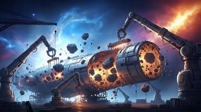 Futuristic Space Mining Vessel Construction by Robotic Arms Processing Asteroids in Cosmic Environment