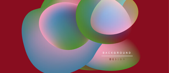 Abstract colorful shapes overlap on red background. Soft gradients create modern visual design. Simple text reads background design.