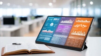 Business Analytics on Display: A sleek tablet showcases intricate charts and graphs, illustrating the analytical process of the business world and a leather notebook adding a touch of sophistication. - Powered by Adobe
