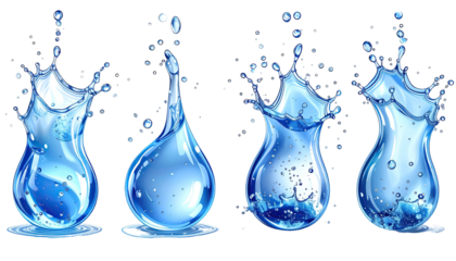 Four stylized water droplets, each with a dynamic splash, showcasing the fluid nature of water.  
