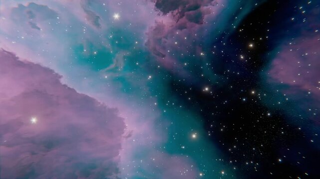 A breathtaking high-resolution animation of a pastel space nebula, featuring soft pink and blue swirling clouds of cosmic gas and dust drifting through the frame