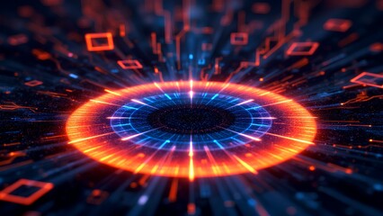Obraz premium A vibrant, abstract digital design featuring concentric circles and radiating lines in orange and blue, evoking a sense of energy and motion.