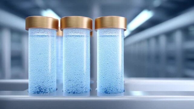 Scientific Samples in Focus: Detailed capture of three test tubes, filled with a vibrant solution and capped with golden lids. set against a sleek, clinical backdrop.