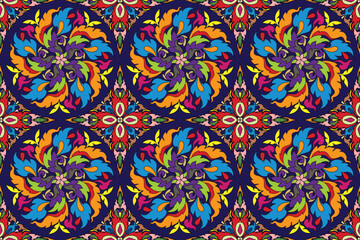 seamless abstract pattern damask colorful bohemian style motif suitable for wallpaper, textile, tile, cloth, blanket and fabric design isolated over blue background illustration vector EPS file.