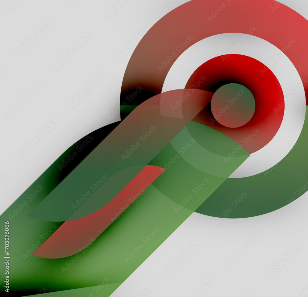 Poster abstract composition. overlapping curves, circles create dynamic visual effect. red, green, white do