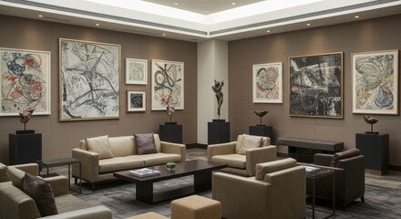 Elegant modern lounge space showcases striking abstract art and sophisticated seating creating a luxurious atmosphere for relaxation or business meetings