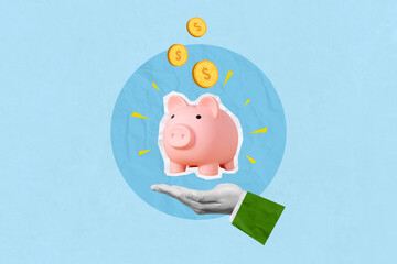 Creative art collage of invest and saving success in the future goal. Hand holding piggy bank with coin are dropping from above
