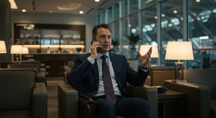 Confident businessman in a stylish suit actively discussing important matters on his phone in a sophisticated airport lounge