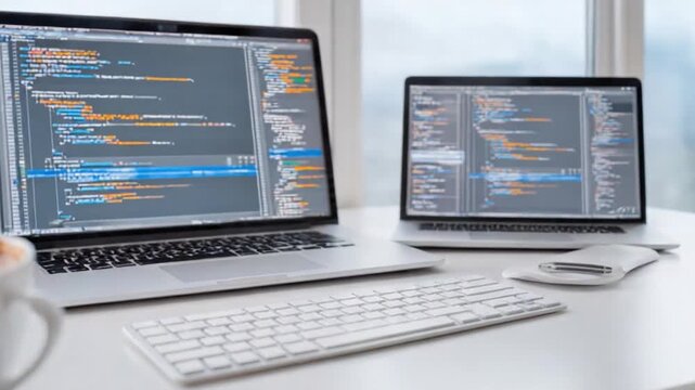 Coding Workflow: The image is a scene of a modern workspace, featuring two sleek laptops displaying lines of code. The scene evokes the essence of technology, programming, and the digital world.