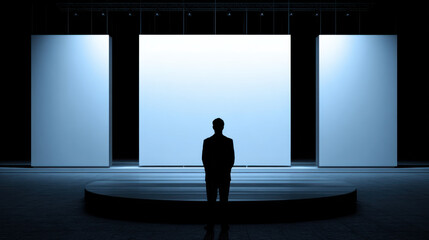 Business pitch deck preparation concept with silhouette of man standing on stage in front of blank screens for presentation