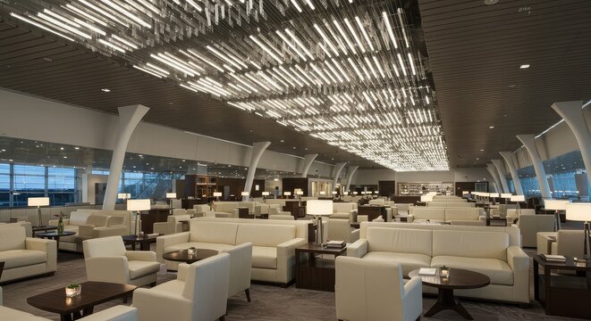 Luxurious modern airport lounge with comfortable seating and striking contemporary light installation, offering a serene waiting experience before travel.