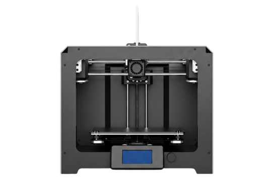 Front view of a modern desktop 3D printer for prototyping isolated on a transparent background