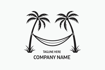 Obraz premium Palm Trees with Hammock Black Silhouette on White Background