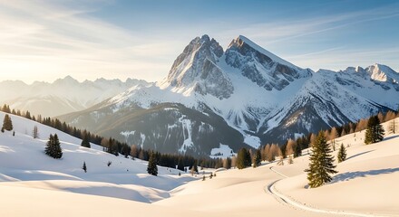 Snowy Mountain Landscape with Trees and Sky.