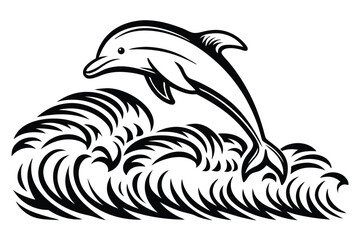 Obraz premium Silhouette Dolphin with Waves and Geometric Shape on White Background