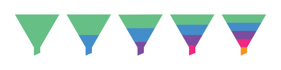 Colorful funnel chart infographic for business workflow, sales process and marketing strategy. 1, 2, 3, 4, and 5 parts