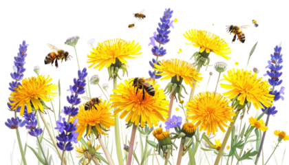 Vibrant floral arrangement with bees. 