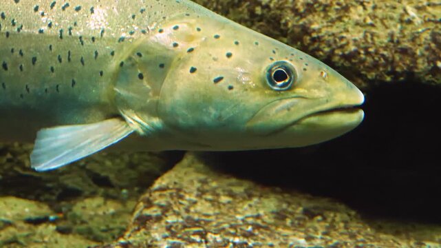 Close up of a large trout underwater ina river floating in the tide