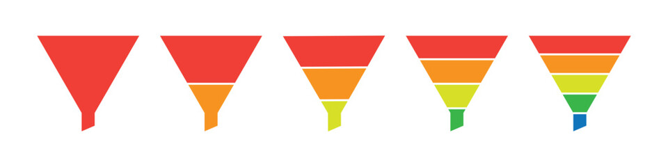 Colorful funnel chart infographic for business workflow, sales process and marketing strategy. 1, 2, 3, 4, and 5 parts