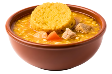 Hearty meat and vegetable stew in a brown earthenware bowl isolated on a transparent background