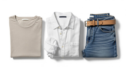 Flat Lay of Neutral Casual Clothes with Cotton T-Shirt and Denim Jeans 