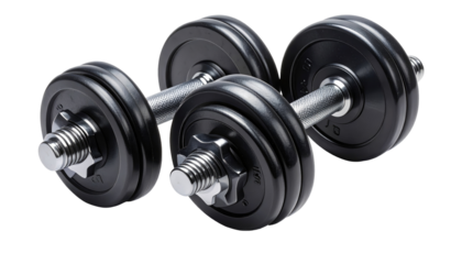 Two black dumbbells, metal handles, and circular weights