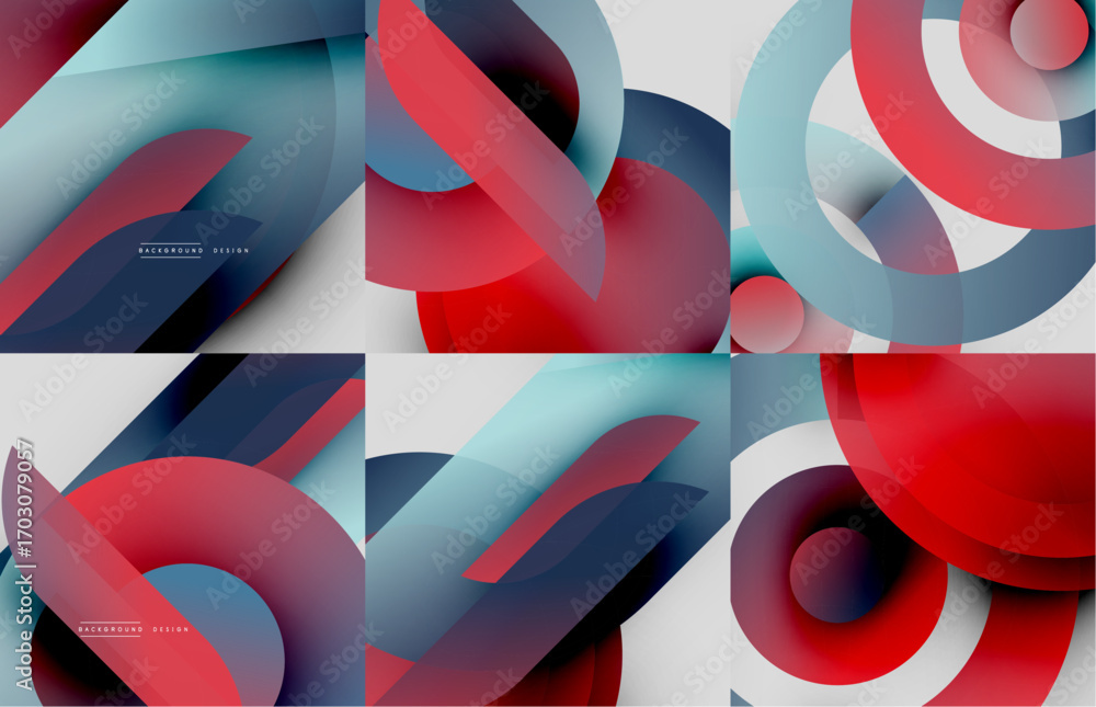 Poster abstract geometric designs. overlapping shapes create dynamic compositions. red, blue, turquoise hue