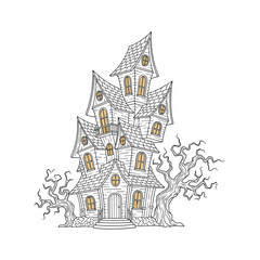 Fototapeta premium Spooky Haunted House Illustration with Twisted Trees.