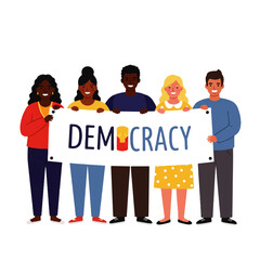 Fototapeta premium Diverse Group of People Holding a Democracy Banner Together.