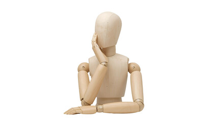 Wooden mannequin sitting and thinking isolated on transparent background in studio