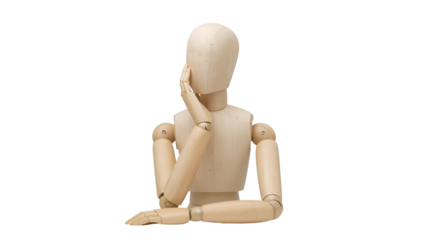 Wooden mannequin sitting and thinking isolated on transparent background in studio