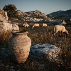 Earthen Vessel with Sheep in Field